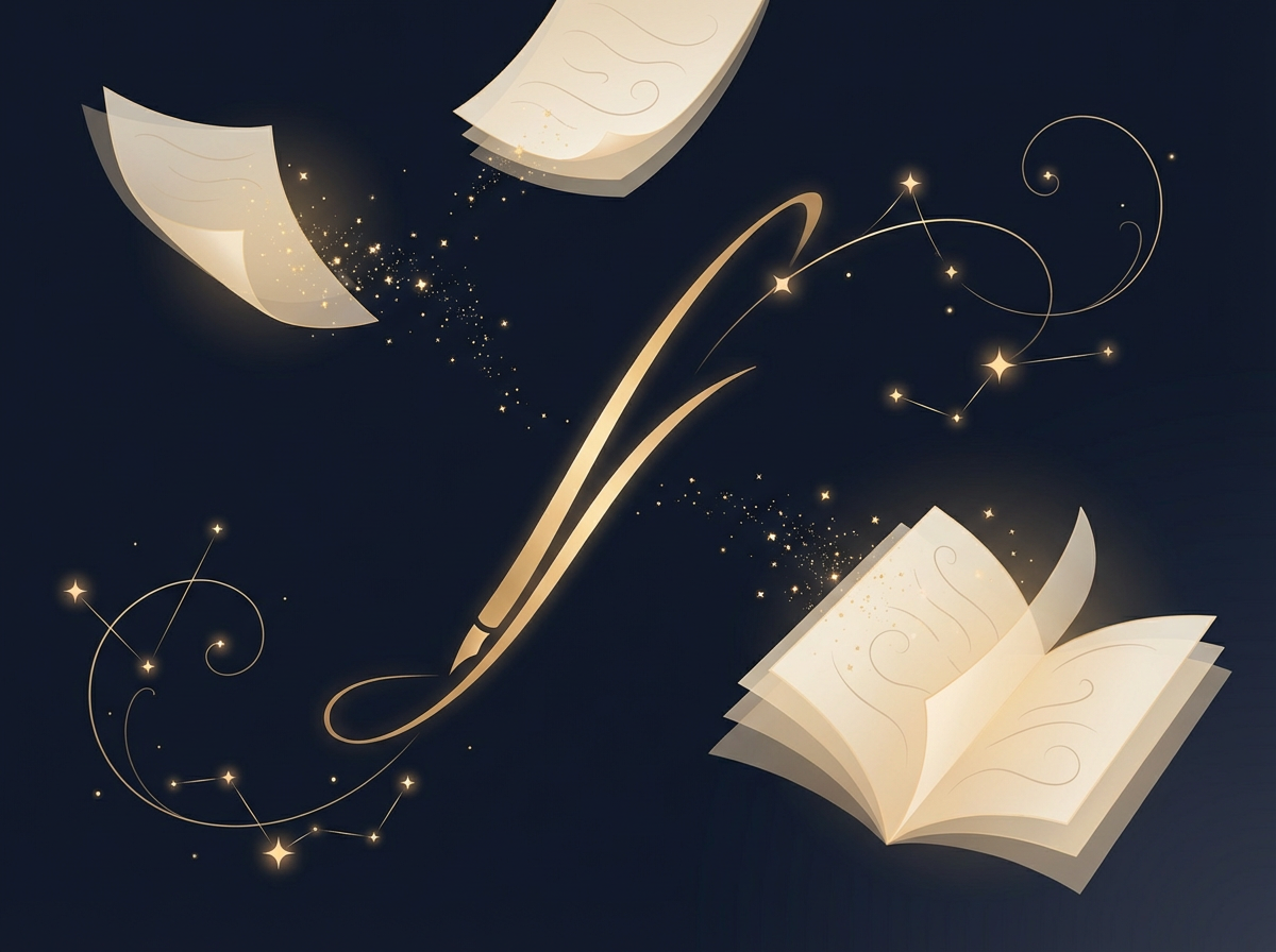 Creative writing course illustration with flowing golden pen trails and story arcs
