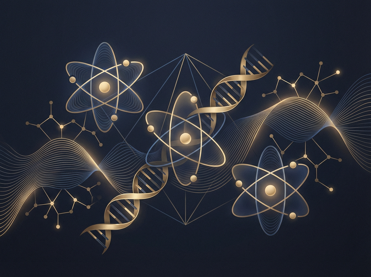 Science course illustration with interconnected atoms and molecular structures